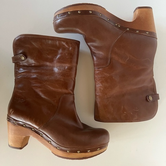 UGG 1958 Lynnea Leather Studded Foldover Clog Boot Shearling Cuff, Caramel, 9 - Picture 6 of 11